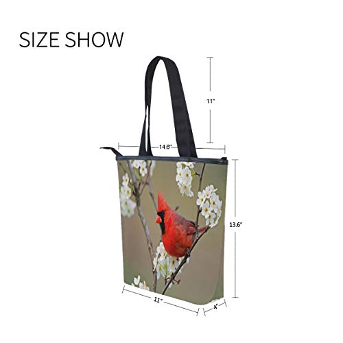 Women's Canvas Zipper Closure Handbag Red Cardinal Bird Tote Bag with Large Capacity