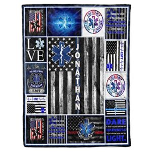 vth global personalized custom name ems emt paramedic star of life thin white line american flag appreciation birthday christmas fleece sherpa blanket bed throw size tapestry wall hanging
