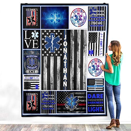 VTH GLOBAL Personalized Custom Name EMS EMT Paramedic Star of Life Thin White Line American Flag Appreciation Birthday Christmas Fleece Sherpa Blanket Bed Throw Size Tapestry Wall Hanging