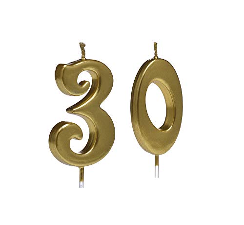 Bailym Gold 30th Birthday Candles,Number 30 Cake Topper for Party Decoration