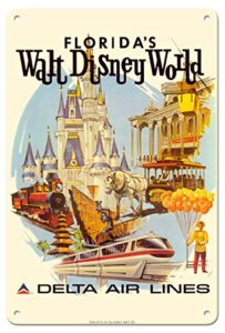 pacifica island art florida’s walt disney world – first year of operation – delta air lines – vintage airline travel poster by daniel c. sweeney c.1971-8in x 12in vintage metal tin sign