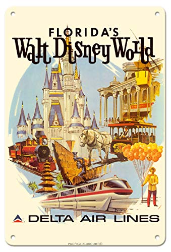 Pacifica Island Art Florida’s Walt Disney World - First Year of Operation - Delta Air Lines - Vintage Airline Travel Poster by Daniel C. Sweeney c.1971-8in x 12in Vintage Metal Tin Sign