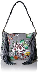 anna by anuschka women’s genuine leather medium fringed hobo shoulder bag | hand painted original artwork | garden of eden