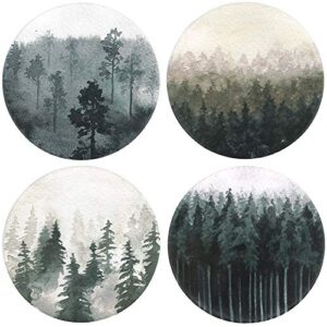lahome forest pattern coasters – round drinks absorbent stone coaster set with ceramic stone and cork base for kinds of mugs and cups (forest, 4)