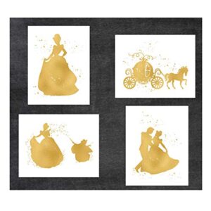 simply remarkable cinderella, princess and disney inspired – pack of 4 gold poster prints photo quality – made in usa – frame not included (8×10, cinderella 4 pack – gold)
