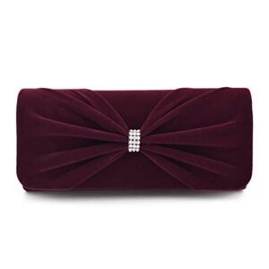 Elegant Rhinestone Bow Front Velvet Clutch Evening Bag Handbag, Burgundy