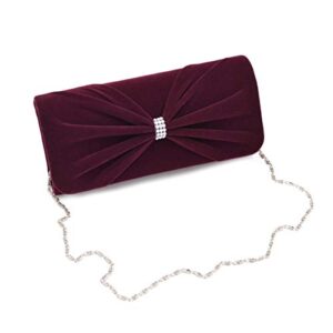 Elegant Rhinestone Bow Front Velvet Clutch Evening Bag Handbag, Burgundy