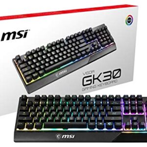 MSI Vigor GK30 RGB Gaming Keyboard, 6-Zone RGB Lighting, Water Repellent & Splash-Proof, Mechanical-Like Plunger Switches