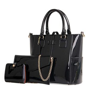 chikencall® women fashion handbags patent leather tote purses ladies shoulder bags top handle chain satchel purse set 3pcs black