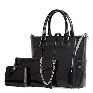 Chikencall® Women Fashion Handbags Patent Leather Tote Purses Ladies Shoulder Bags Top Handle Chain Satchel Purse Set 3pcs Black