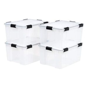 iris usa 62.8 quart weathertight plastic storage bin tote organizing container with durable lid and seal and secure latching buckles, 4 pack