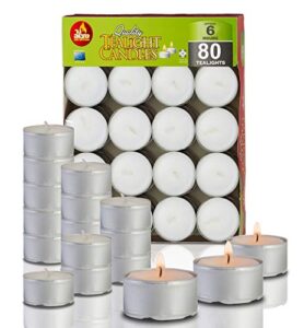 ner mitzvah 6 hour tea light candles – 80 pack bulk package – white unscented travel, centerpiece, decorative candle with maxi burn time – pressed wax
