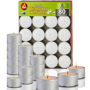 Ner Mitzvah 6 Hour Tea Light Candles - 80 Pack Bulk Package - White Unscented Travel, Centerpiece, Decorative Candle with Maxi Burn Time - Pressed Wax