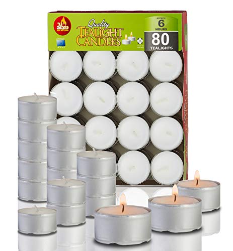 Ner Mitzvah 6 Hour Tea Light Candles - 80 Pack Bulk Package - White Unscented Travel, Centerpiece, Decorative Candle with Maxi Burn Time - Pressed Wax