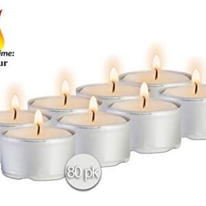 Ner Mitzvah 6 Hour Tea Light Candles - 80 Pack Bulk Package - White Unscented Travel, Centerpiece, Decorative Candle with Maxi Burn Time - Pressed Wax