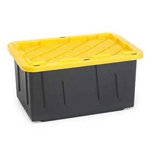 homz 27 gallon durabilt tough storage container, black base, yellow lid, stackable, 4-pack