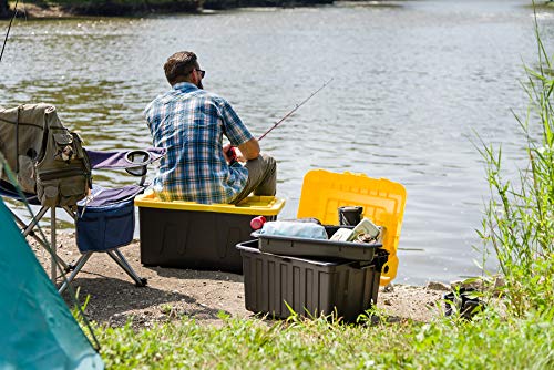 HOMZ 27 Gallon Durabilt Tough Storage Container, Black Base, Yellow Lid, Stackable, 4-Pack