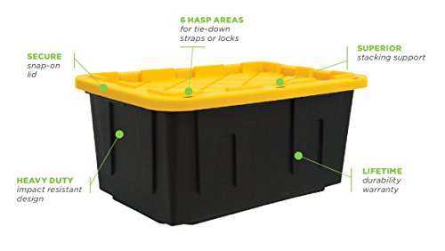 HOMZ 27 Gallon Durabilt Tough Storage Container, Black Base, Yellow Lid, Stackable, 4-Pack