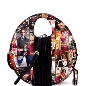 michelle obama magazine cover print fringed round handle satchel purse wallet set
