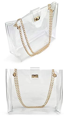 Multifunction Clear Chain Tote with Turn Lock Womens Shoulder Handbag (Clear)