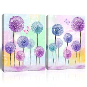 purple verbena art colorful flowers wall art butterfly picture purple blue pink dandelion abstract painting canvas print modern artwork for home living room bathroom bedroom framed 12″x16″