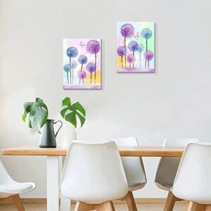 Purple Verbena Art Colorful Flowers Wall Art Butterfly Picture Purple Blue Pink Dandelion Abstract Painting Canvas Print Modern Artwork for Home Living Room Bathroom Bedroom Framed 12"x16"