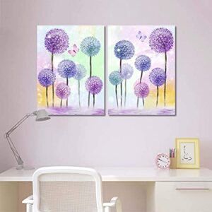 Purple Verbena Art Colorful Flowers Wall Art Butterfly Picture Purple Blue Pink Dandelion Abstract Painting Canvas Print Modern Artwork for Home Living Room Bathroom Bedroom Framed 12"x16"