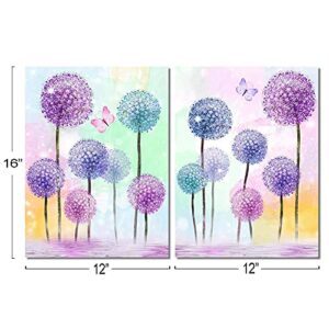 Purple Verbena Art Colorful Flowers Wall Art Butterfly Picture Purple Blue Pink Dandelion Abstract Painting Canvas Print Modern Artwork for Home Living Room Bathroom Bedroom Framed 12"x16"