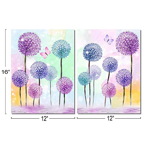 Purple Verbena Art Colorful Flowers Wall Art Butterfly Picture Purple Blue Pink Dandelion Abstract Painting Canvas Print Modern Artwork for Home Living Room Bathroom Bedroom Framed 12"x16"