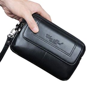 Hebetag Leather Clutch Purse Wallet for Men Phone Holder Wrist Strap Bag Wristlet Coin Money Pouch Business Multiple Compartments Handbag Black