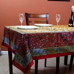 India Arts Cotton Floral Tie Dye Tablecloth Rectangle Red Tan Kitchen Dining Linen