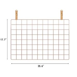 FRIADE Rose Gold Metal Wire Wall Grid Panel for Photo Display,Display Ledge,Wall Organizer for Living Room,Bedroom，10 Metal Clips&2 Leather Straps&3 Nails Offered,Set of 1 (Rose Gold:25.5”x17.7”)