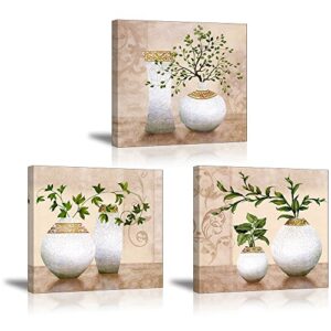 3 piece wall art for bathroom/hallway, sz hd elegant canvas painting prints of green spring plants in vases on beige/tan picture (waterproof decor, 1″ thick, bracket mounted ready to hang)