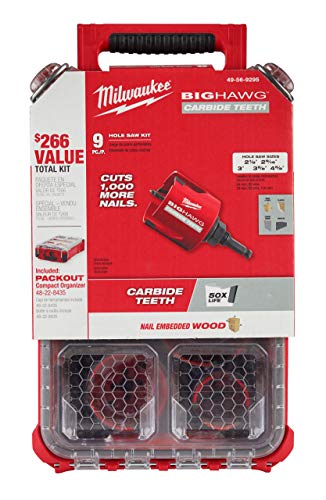 Milwaukee 49-56-9295 BIG HAWG Carbide Hole Saw (2-1/8, 2-9/16, 3, 3-5/8, 4-5/8 Inches) Kit (9-Piece) with PACKOUT Case