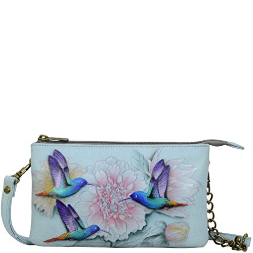 Anuschka Women's Genuine Leather Organizer Crossbody With RFID Protection - Hand Painted Original Artwork - Rainbow Birds