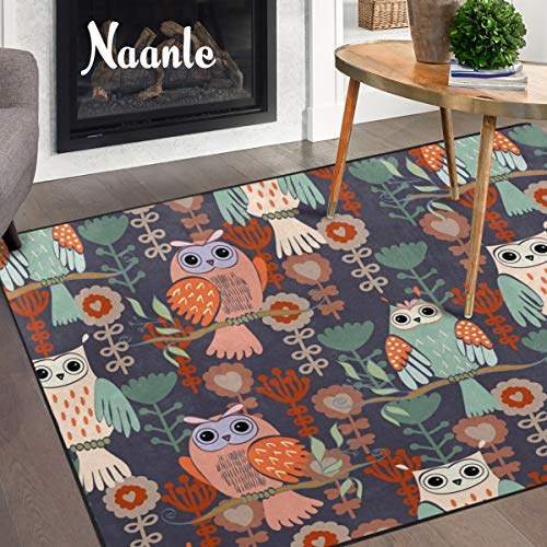 Naanle Animal Owl Non Slip Area Rug for Living Dinning Room Bedroom Kitchen, 4'x6'(48x72 inches), Owl on Tree Nursery Rug Floor Carpet Yoga Mat