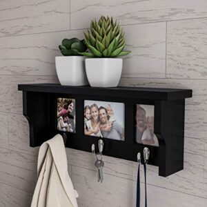 lavish home wall shelf and picture collage with ledge and 3 hanging hooks frame decor shelving with modern look, holds 3 photos (black)