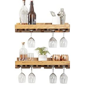 del Hutson Designs Rustic Luxe 24 Inch Farmhouse Solid Pine Wood Wall Mount Wine Bottle Stemware Rack Display Shelf, Set of 2, Walnut