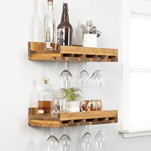 del Hutson Designs Rustic Luxe 24 Inch Farmhouse Solid Pine Wood Wall Mount Wine Bottle Stemware Rack Display Shelf, Set of 2, Walnut