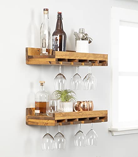 del Hutson Designs Rustic Luxe 24 Inch Farmhouse Solid Pine Wood Wall Mount Wine Bottle Stemware Rack Display Shelf, Set of 2, Walnut