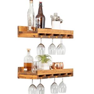 del Hutson Designs Rustic Luxe 24 Inch Farmhouse Solid Pine Wood Wall Mount Wine Bottle Stemware Rack Display Shelf, Set of 2, Walnut