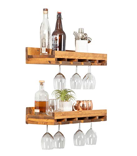 del Hutson Designs Rustic Luxe 24 Inch Farmhouse Solid Pine Wood Wall Mount Wine Bottle Stemware Rack Display Shelf, Set of 2, Walnut