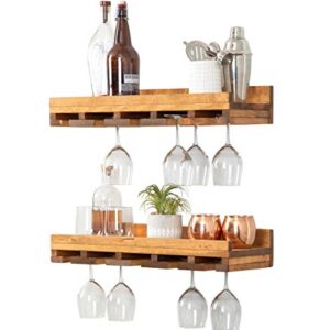 del Hutson Designs Rustic Luxe 24 Inch Farmhouse Solid Pine Wood Wall Mount Wine Bottle Stemware Rack Display Shelf, Set of 2, Walnut