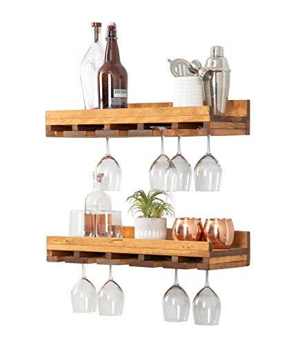 del Hutson Designs Rustic Luxe 24 Inch Farmhouse Solid Pine Wood Wall Mount Wine Bottle Stemware Rack Display Shelf, Set of 2, Walnut