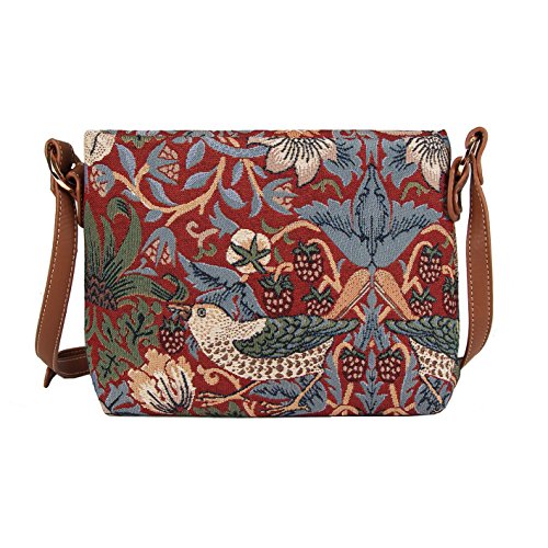 Signare Tapestry Crossbody Purse Small Shoulder Bag for Women with Flower and Bird William Morris Strawberry Thief Red (XB02 -STRD)