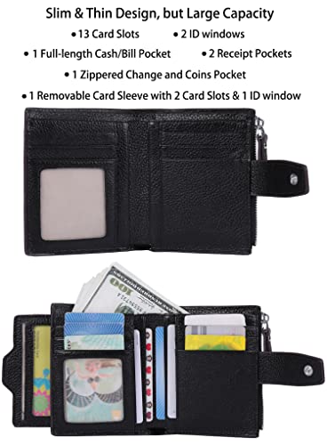 AINIMOER Women's RFID Blocking Leather Small Compact Bi-fold Zipper Pocket Wallet Card Case Purse with id Window (Lichee Black)