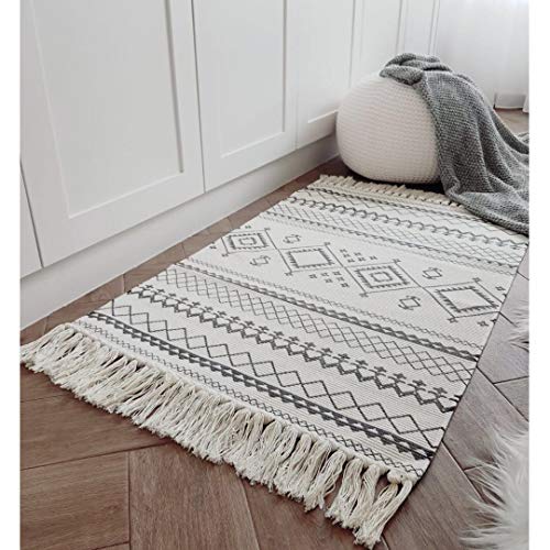 Seavish Cotton Boho Printed Rug Decorative Grey and Cream Bohemia Kilim Rug 2x3 Hand Woven Rag Rug Entryway Thin Throw Rug for Laundry Room Living Room Dorm Bedroom