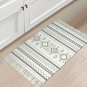 Seavish Cotton Boho Printed Rug Decorative Grey and Cream Bohemia Kilim Rug 2x3 Hand Woven Rag Rug Entryway Thin Throw Rug for Laundry Room Living Room Dorm Bedroom