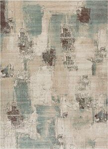 well woven sandro blue tan brown & ivory modern abstract short pile kilim style (3’3″ x 5′) area rug multi color pattern