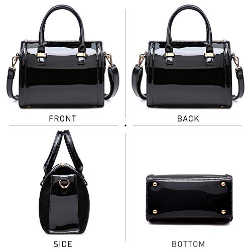 Shiny Patent Faux Leather Handbags Barrel Top Handle Purse Satchel Bag Shoulder Bag for Women(Black)